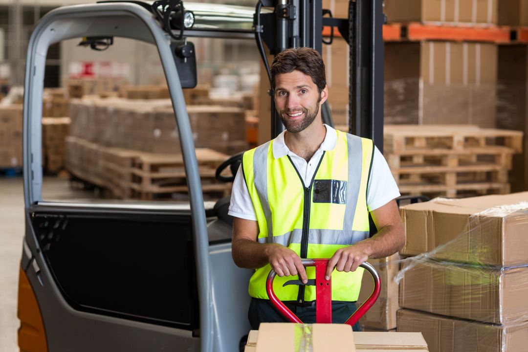 Warehouse Worker Using Pallet Jack in Logistic Center