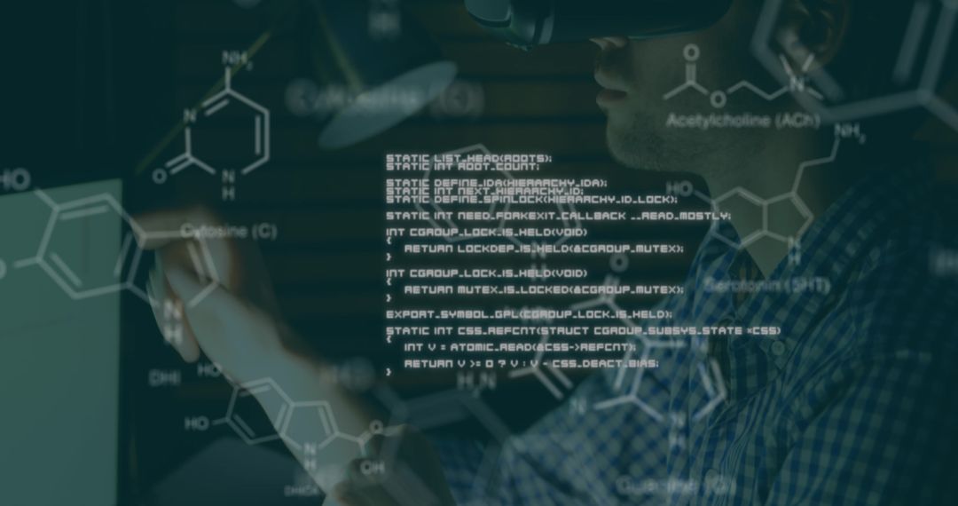 Man in VR Headset Analyzing Chemical Data for Medical Research