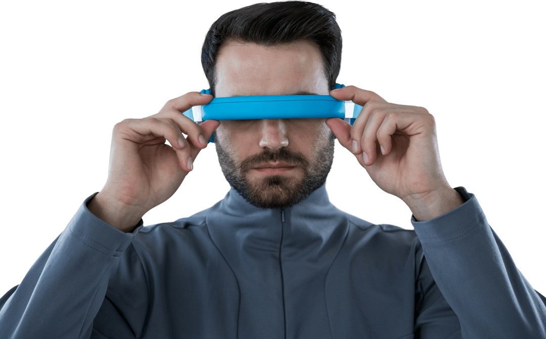 Man Interacting with Blue Transparent Virtual Reality Device