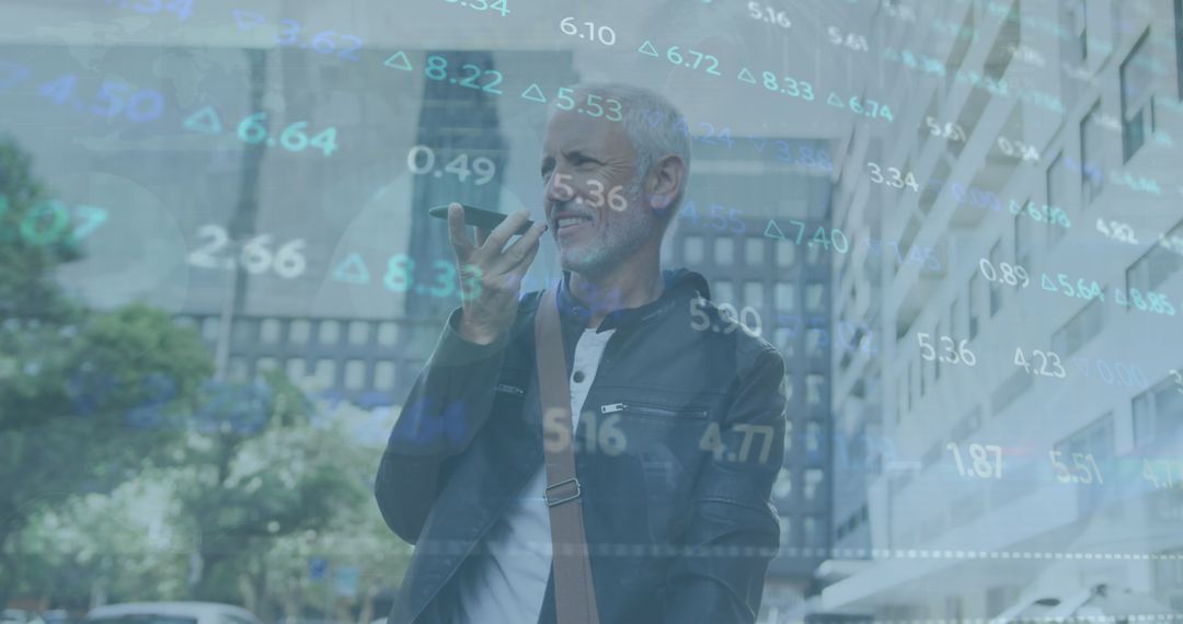 Mature Man Using Smartphone with Financial Data Overlay