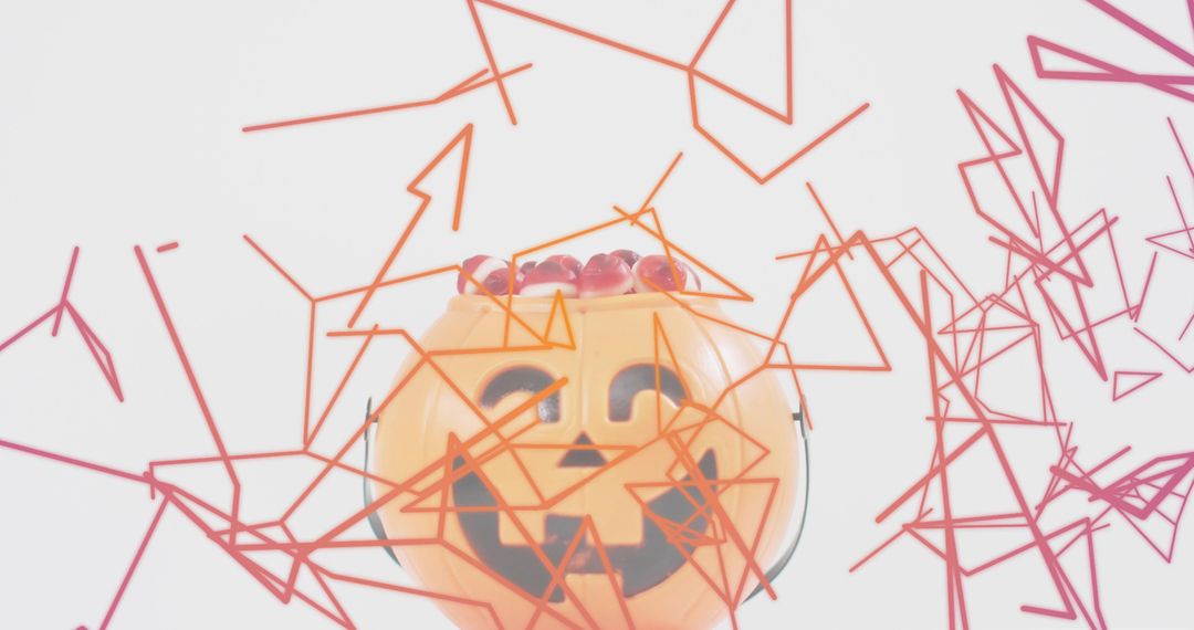 Glossy Jack-o'-Lantern Candy Pail with Red Gummies and Geometric Wireframe Overlay