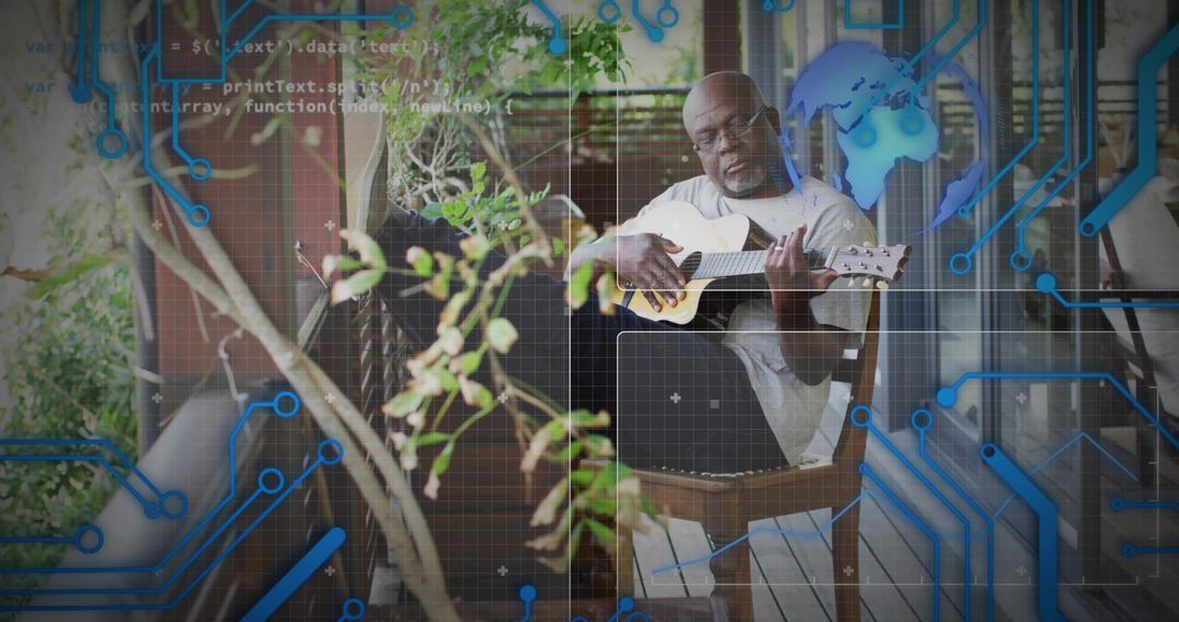 Musician strumming acoustic guitar on porch overlaid with technology themes