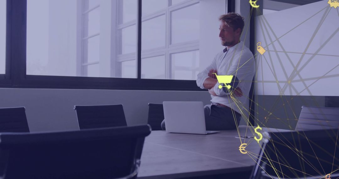 Businessman Engaging with Digital Network Interface in Office Setting