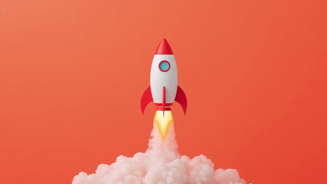 Dynamic Rocket Launch with Smoke and Flames on Minimalist Background