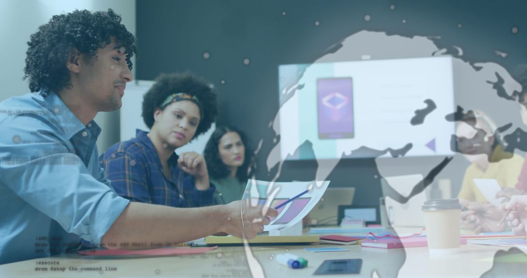 Diverse Business Team Discussing Global Data in Modern Workspace