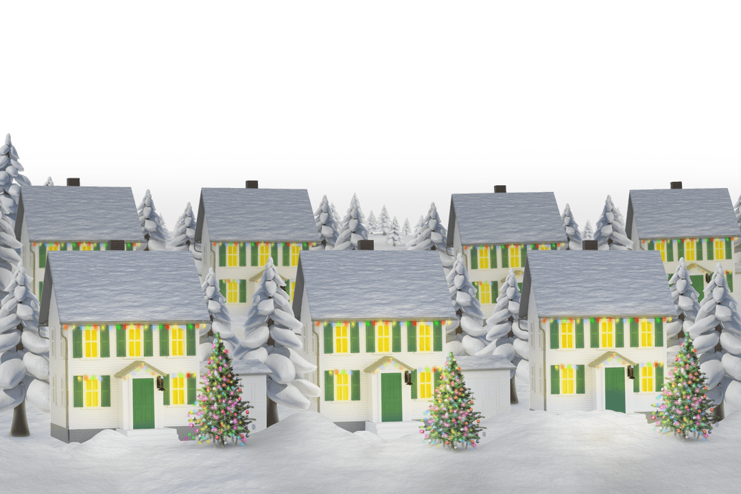 Transparent Illustration of Snowy Cottages with Christmas Lights