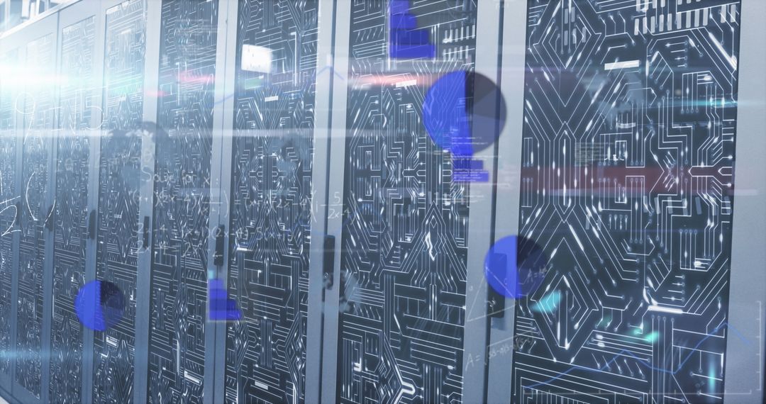 Futuristic Data Center with Overlay of Digital Graphics
