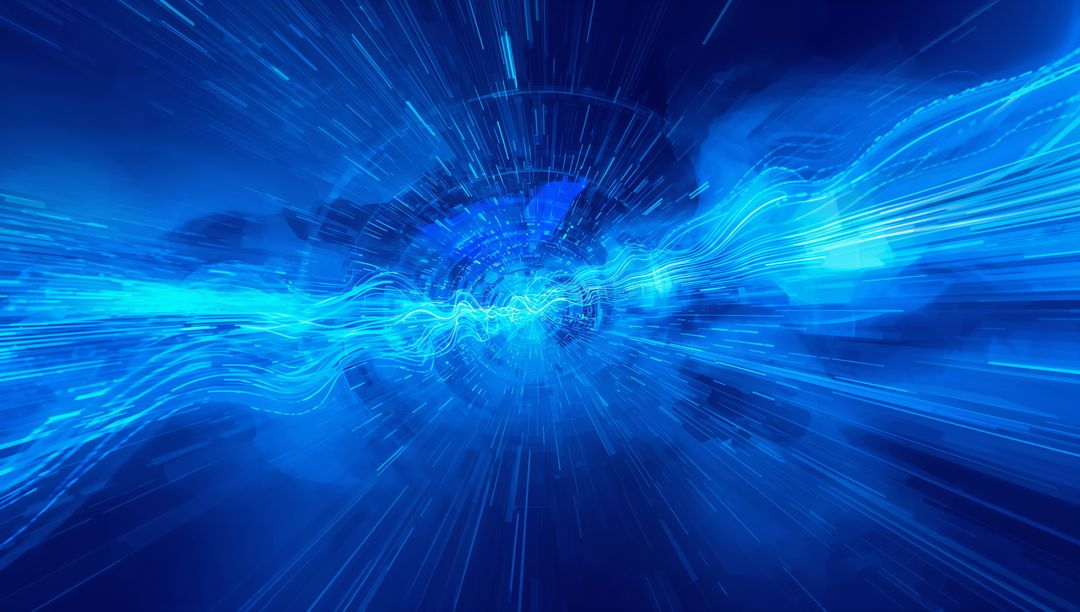 Blue Digital Vortex Streaming Neon Waveform Through Futuristic High-Speed Data Tunnel