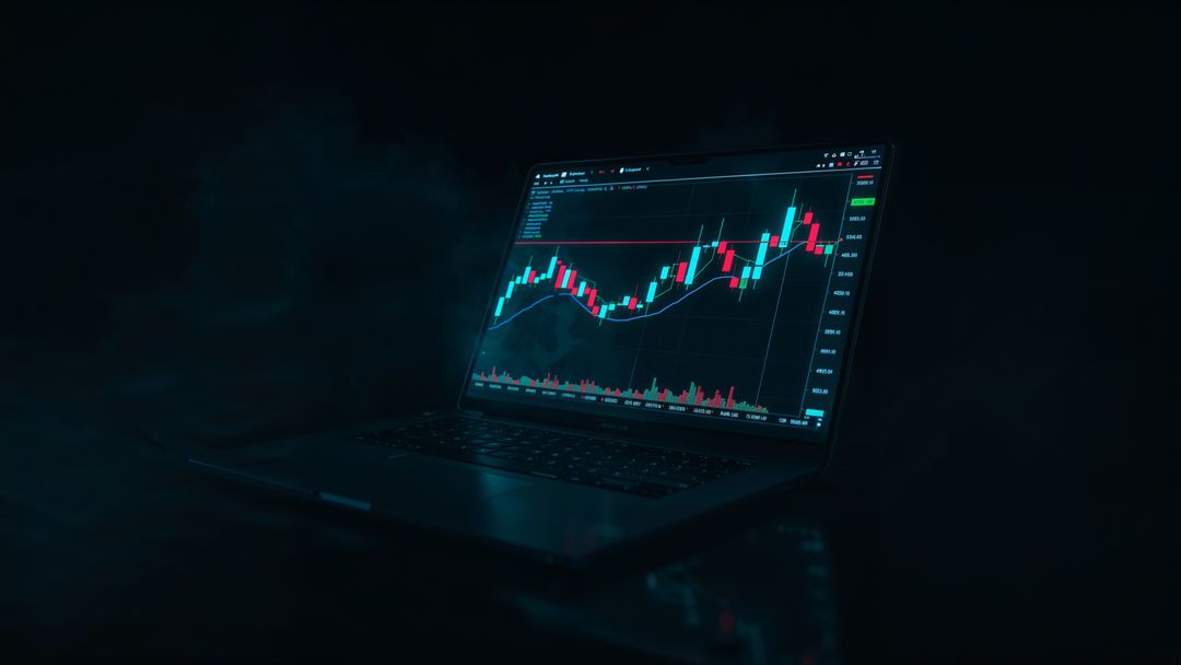 Digital candlestick chart on laptop with dark aesthetic for online trading