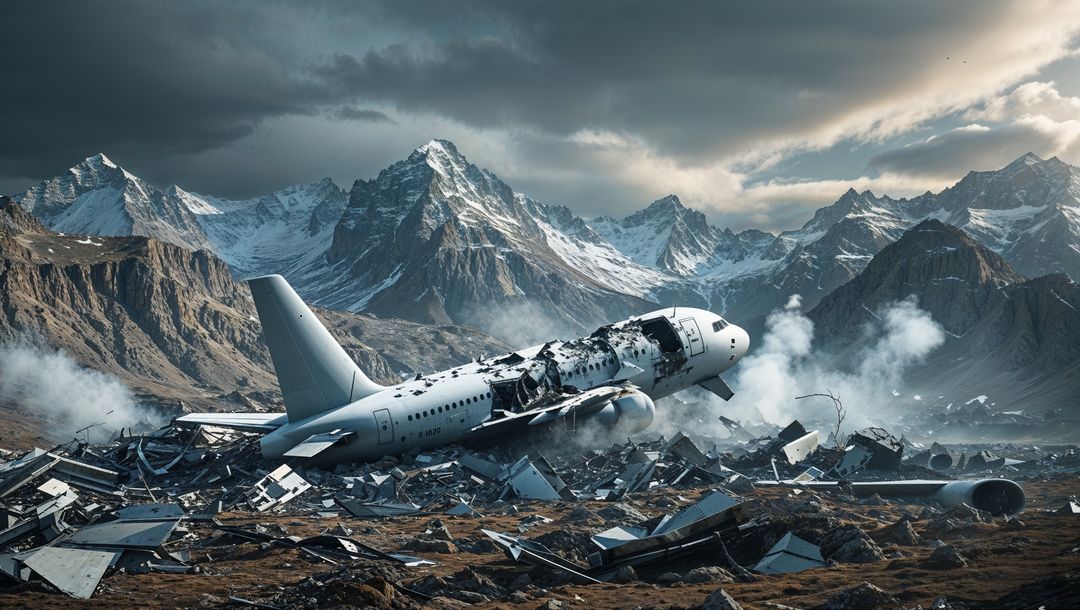 Plane crash wreckage in rocky mountain valley