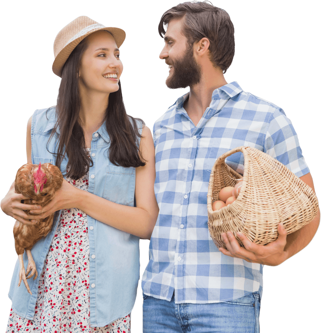 Smiling Couple Holding Chicken and Eggs with Transparent Background