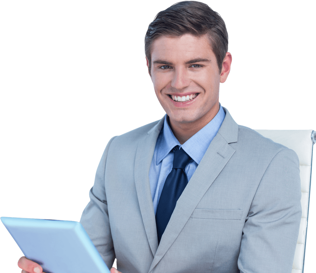 Smiling Businessman Holding Tablet on Transparent Background