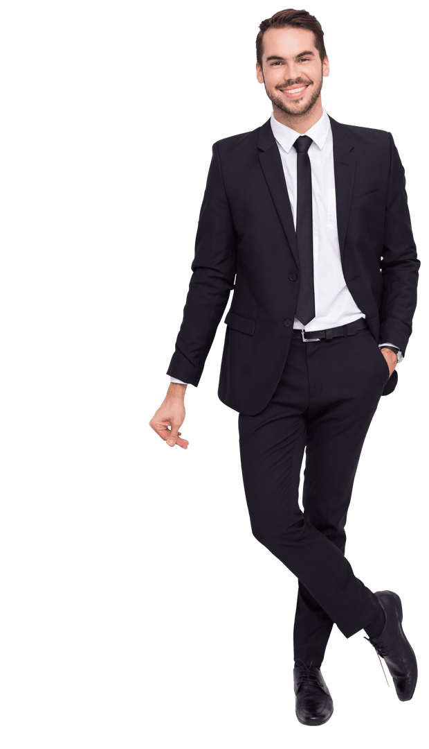 Confident Man Wearing Black Suit Smiling on Transparent Background