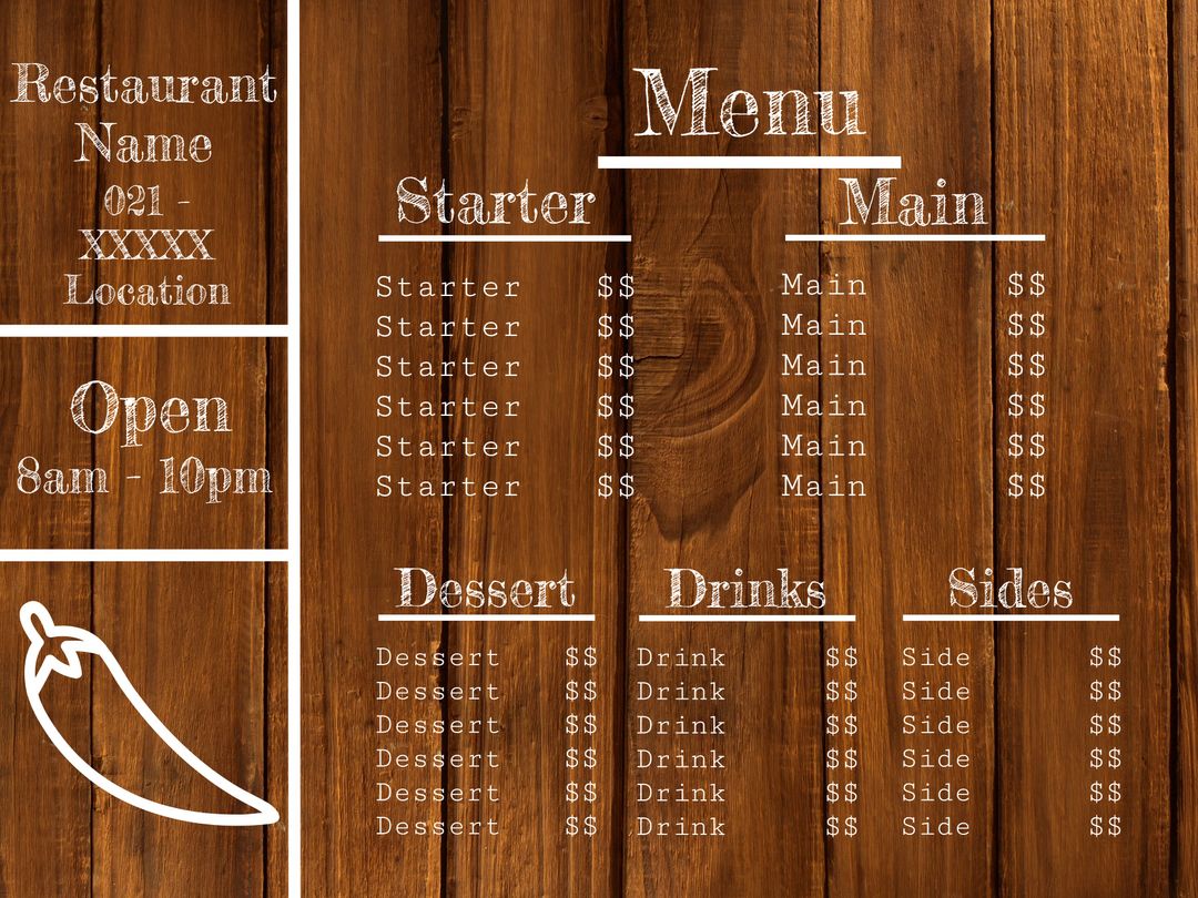 Rustic Wood Textured Restaurant Menu Template with Diverse Food Choices - Download Free Stock Templates Pikwizard.com