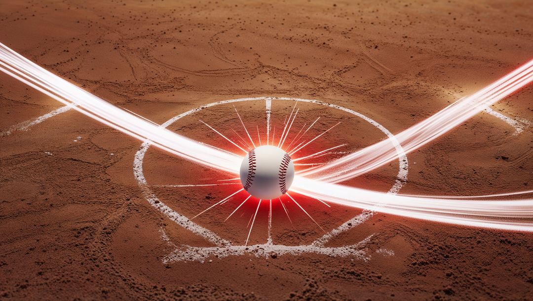 Dynamic Baseball with Swirling Light Trails on Clay Infield
