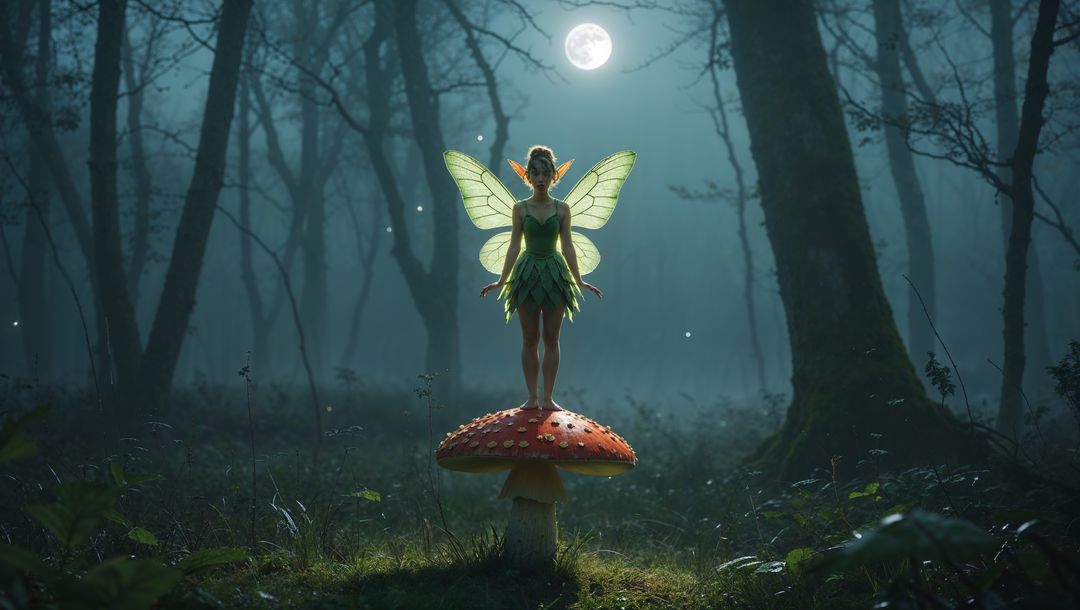 Enchanting Fairy with Glowing Wings Dancing Under Moonlight in Forest
