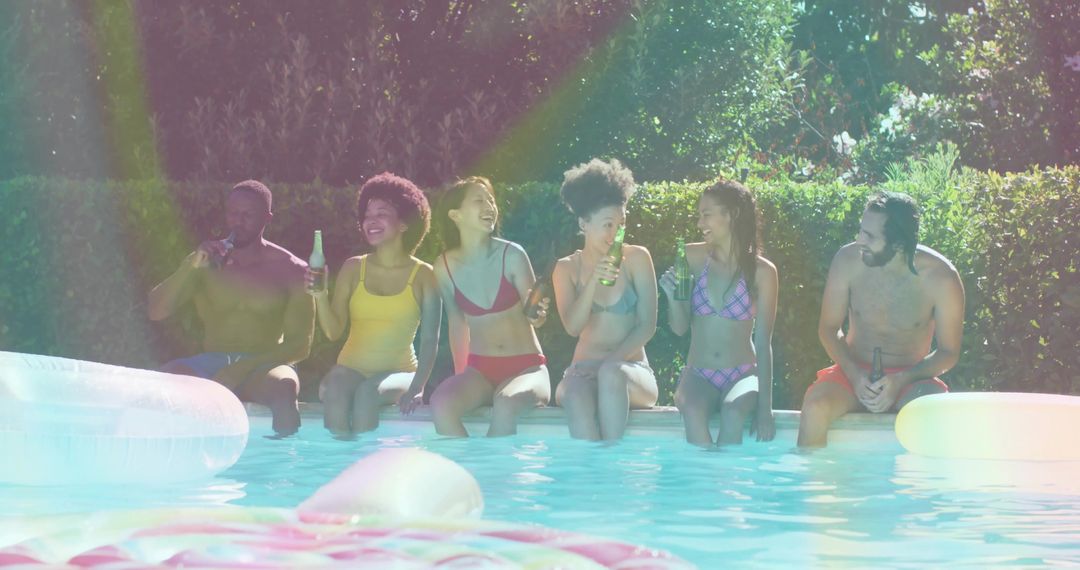 Friends Enjoy Backyard Pool with Refreshing Drinks in Sunny Day