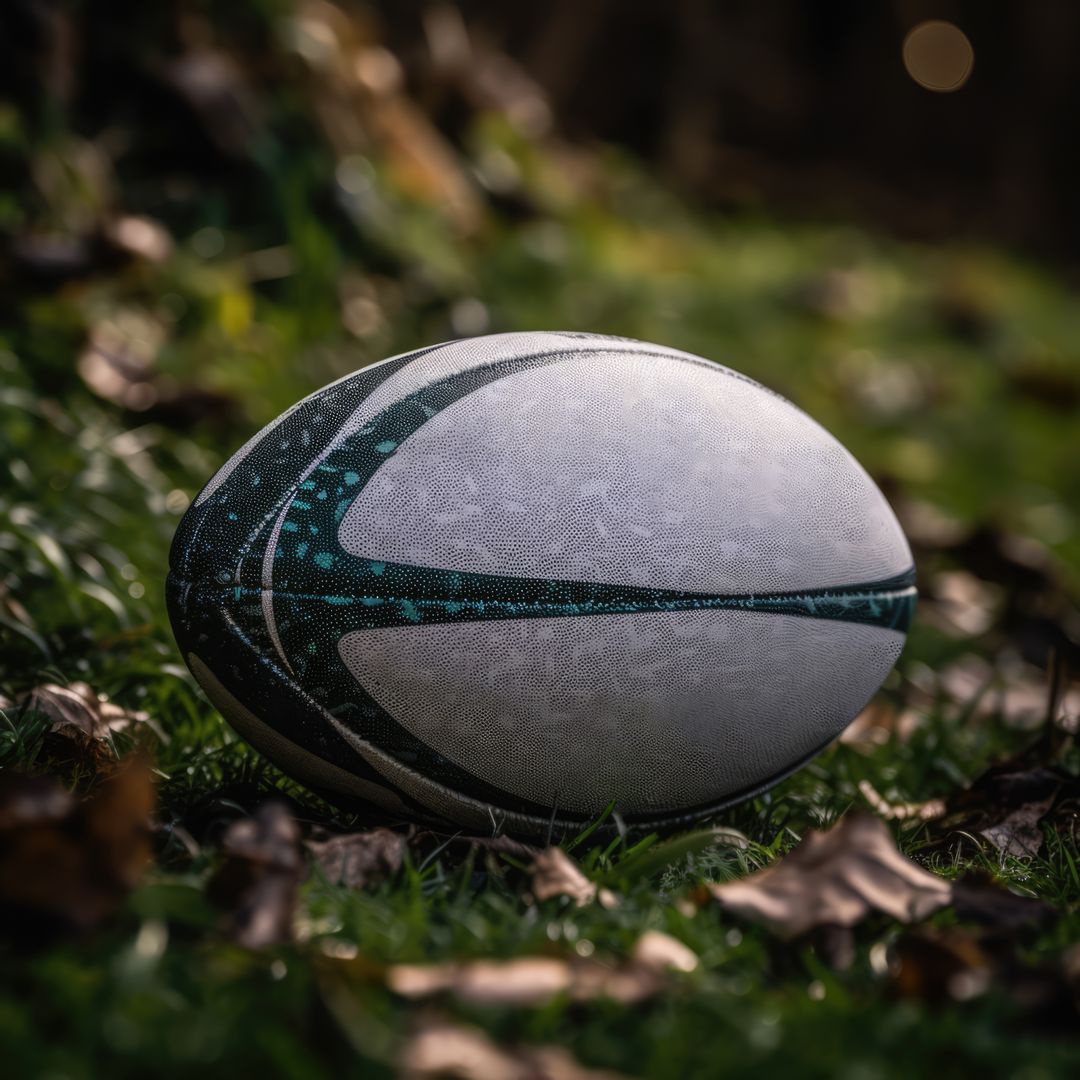 Close up of white nad black rugby ball on grass at sunset, created using generative ai technology - Free Images, Stock Photos and Pictures on Pikwizard.com