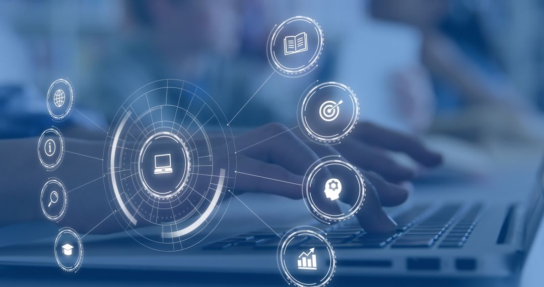 Digital Learning Icons Surround Hands Typing on Laptop Keyboard
