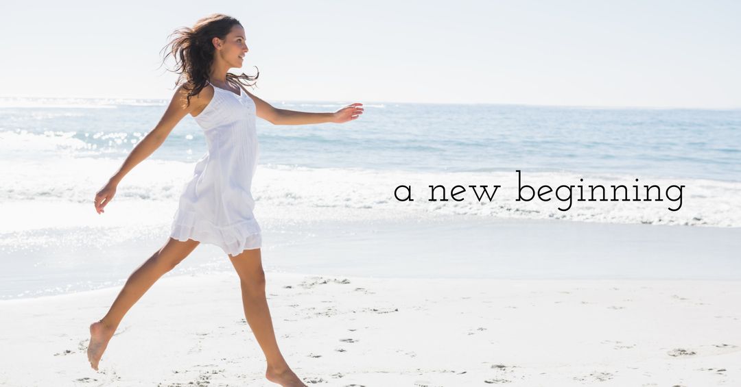 Woman Joyfully Running on Beach Embracing Fresh Start