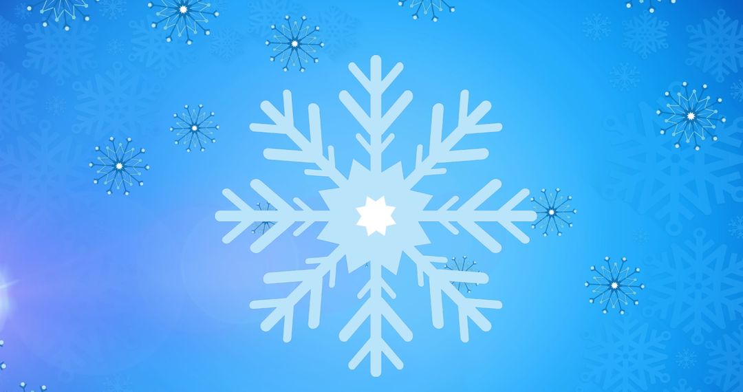 Digital Snowflake with Falling Snowflakes on Blue Background