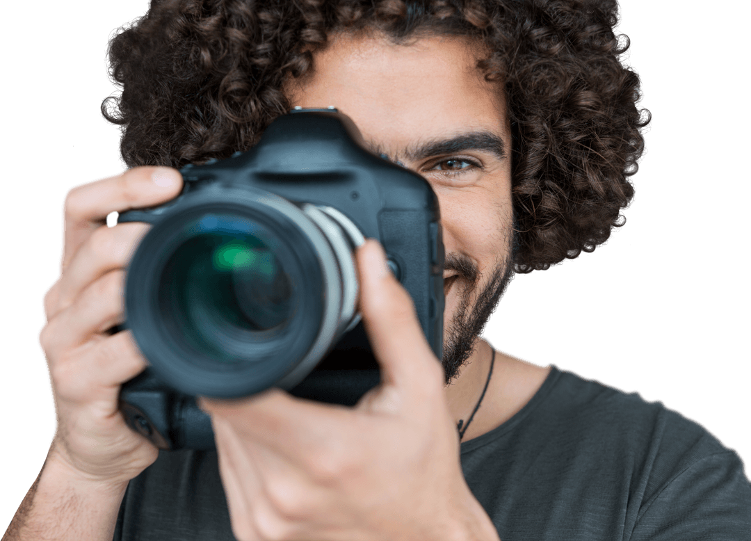 Smiling Photographer Holding Camera Lens Transparent Background