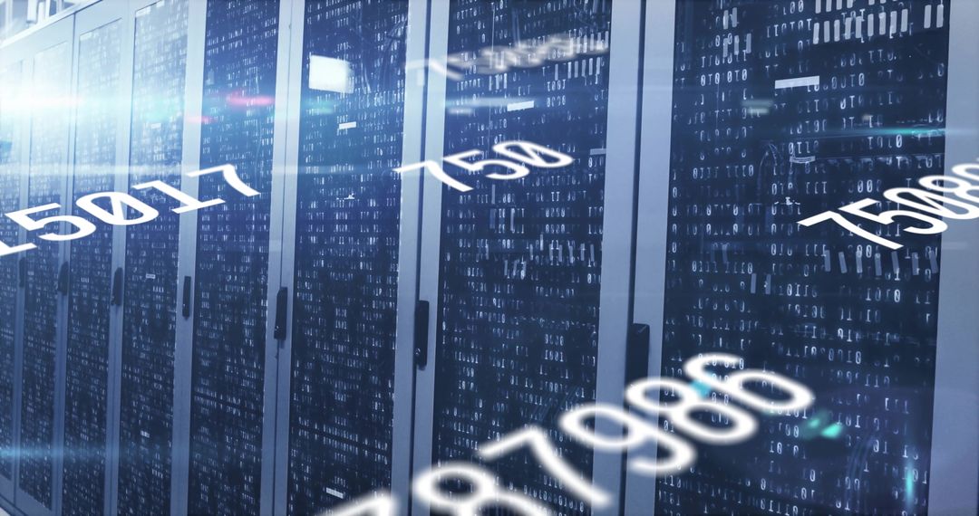 Futuristic Data Center with Streaming Numbers Overlays