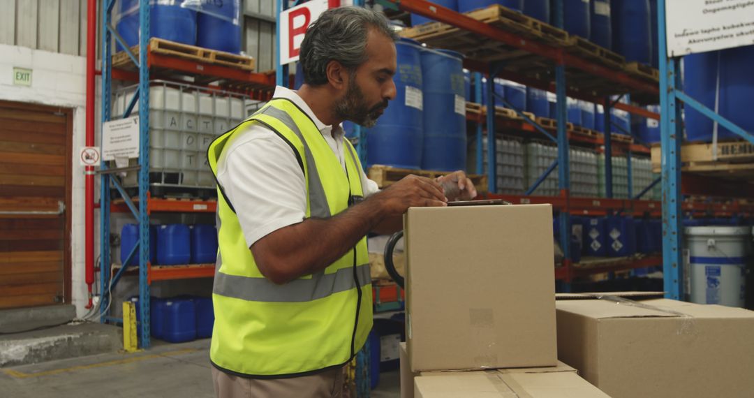 Warehouse worker sealing boxes in industrial warehouse - Free Images, Stock Photos and Pictures on Pikwizard.com