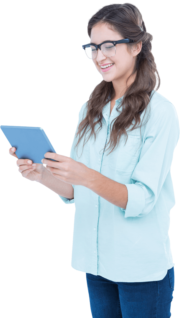 Smiling Woman with Digital Tablet on Transparent Background