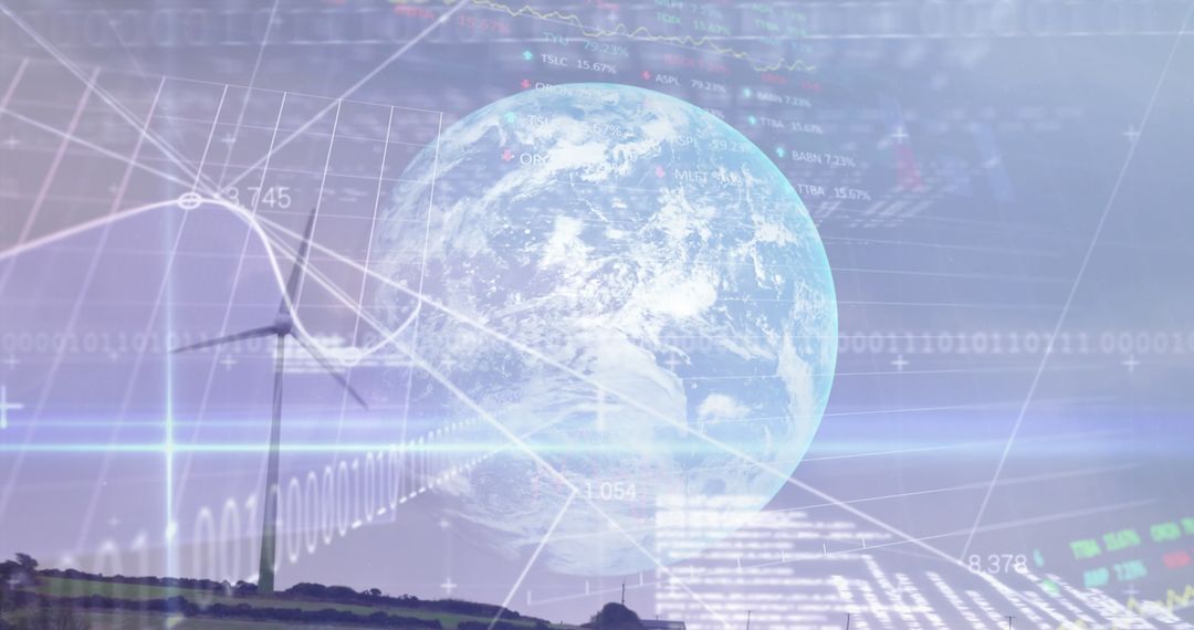 Digital Globe with Data Overlay and Wind Turbine Imagery