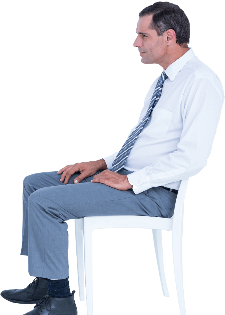 Businessman in Formal Attire Sitting on Transparent Chair