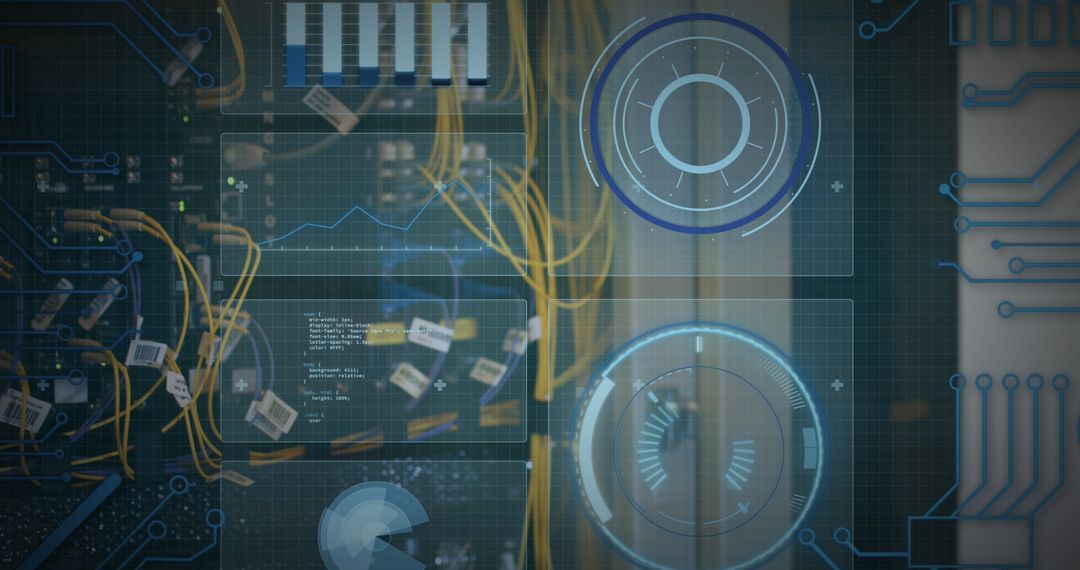 Digital Interface Over Server Room with Data Processing Icons