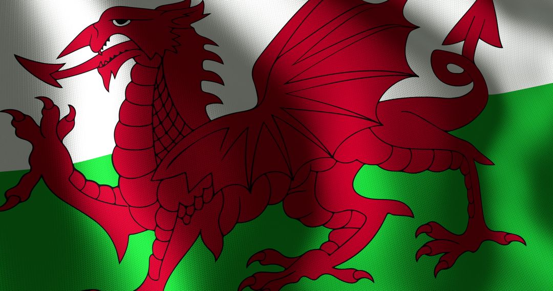 Waving Welsh Flag with Red Dragon Emblem