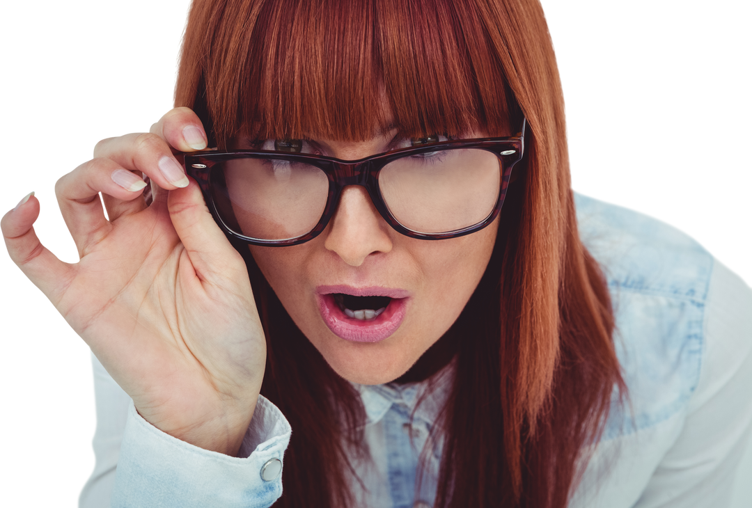 Transparent Enthusiastic Hipster Woman with Red Hair Adjusting Glasses - Download Free Stock Images Pikwizard.com