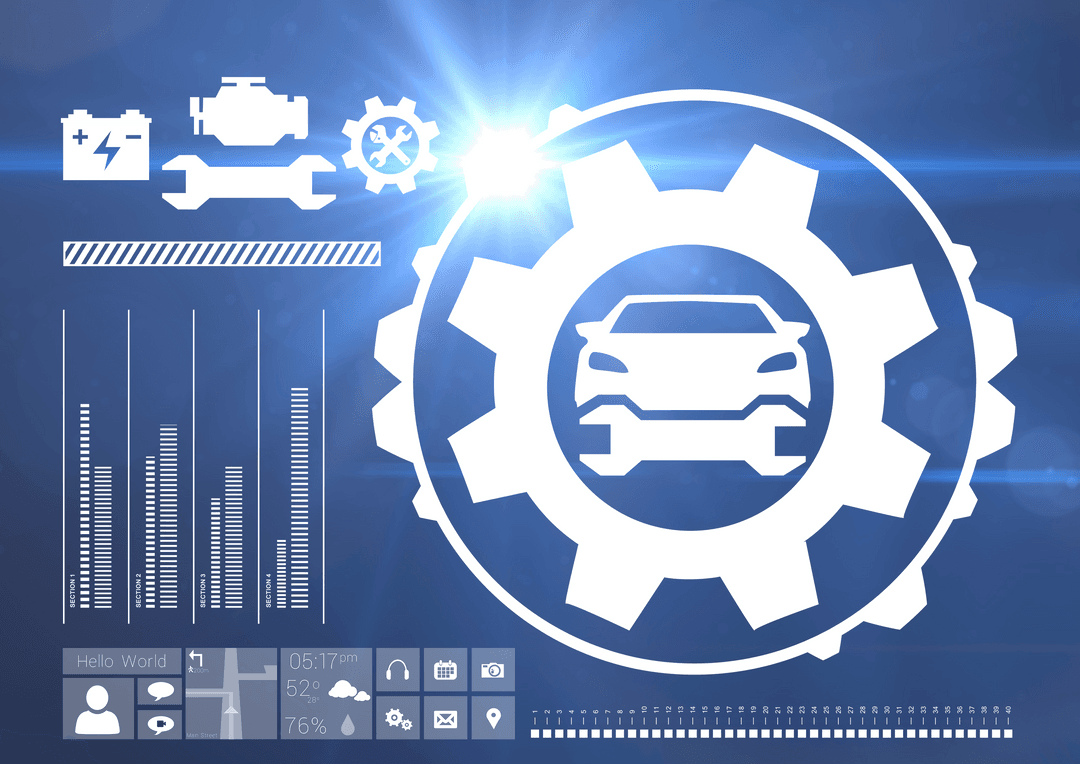 Digital Car Interface Design on Transparent Background with Gear Icons