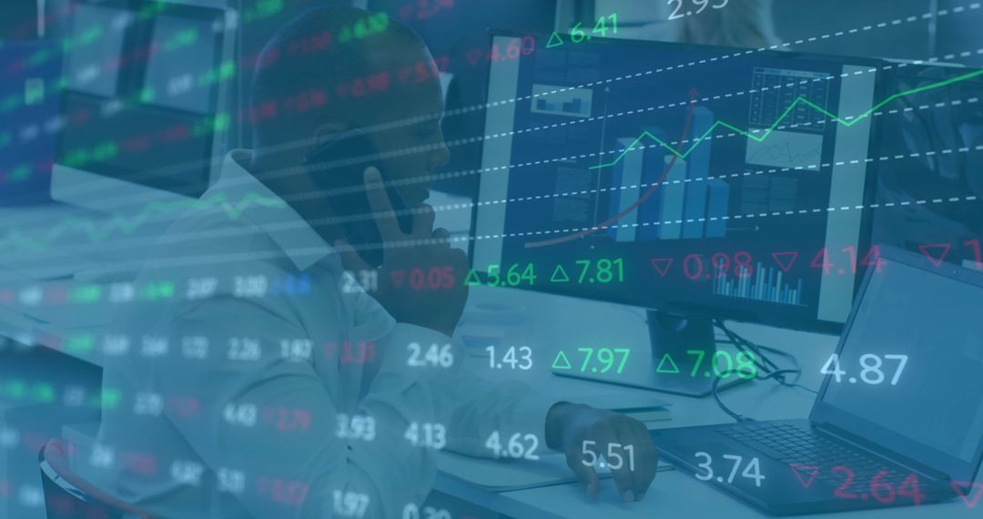 Overlay of Stock Market Data with Businessman in Office