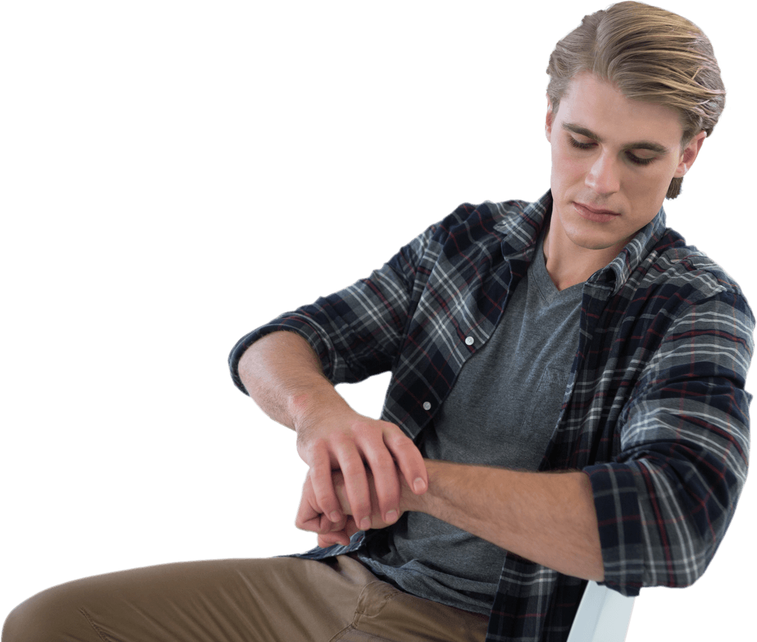 Man in Plaid Shirt Checking Imaginary Watch on Transparent Background