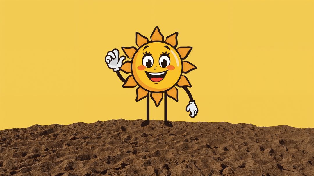 Whimsical Sun Character with White Gloves in Minimal Desert Scene