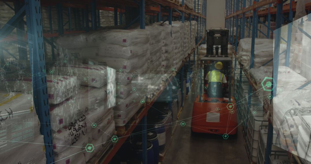 Worker Operates Forklift in Smart Connected Warehouse