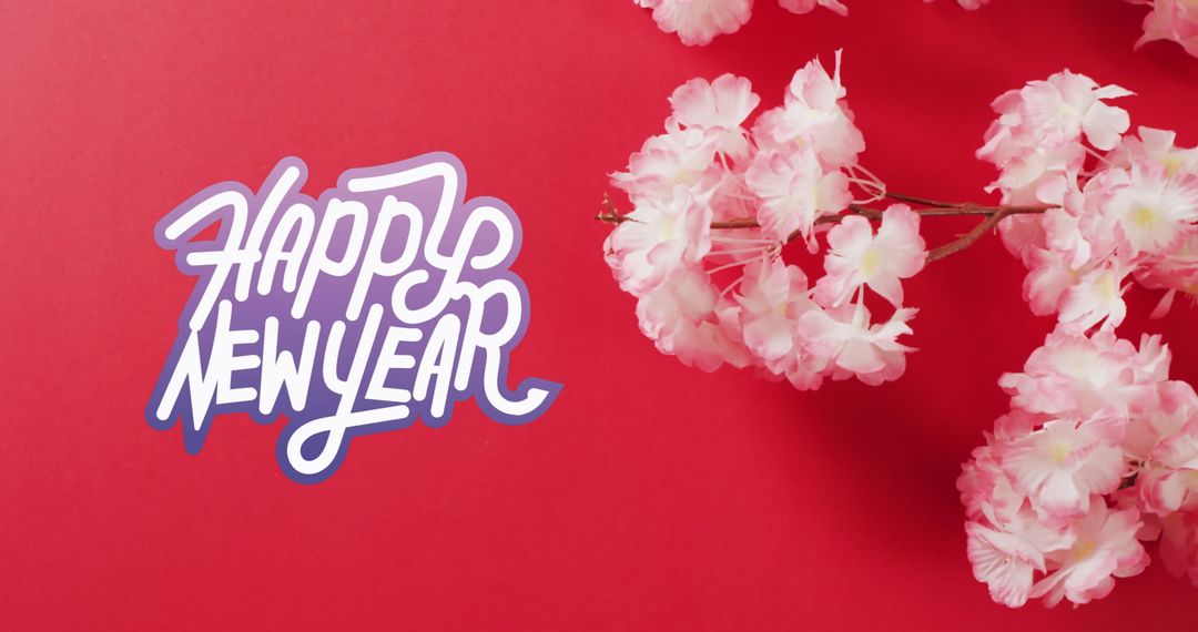 Happy new year greeting with cherry blossoms on red background