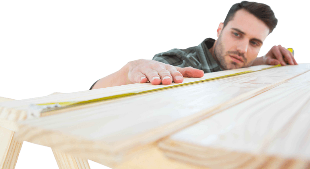Man Precisely Measuring Wooden Plank for Construction on Transparent Background
