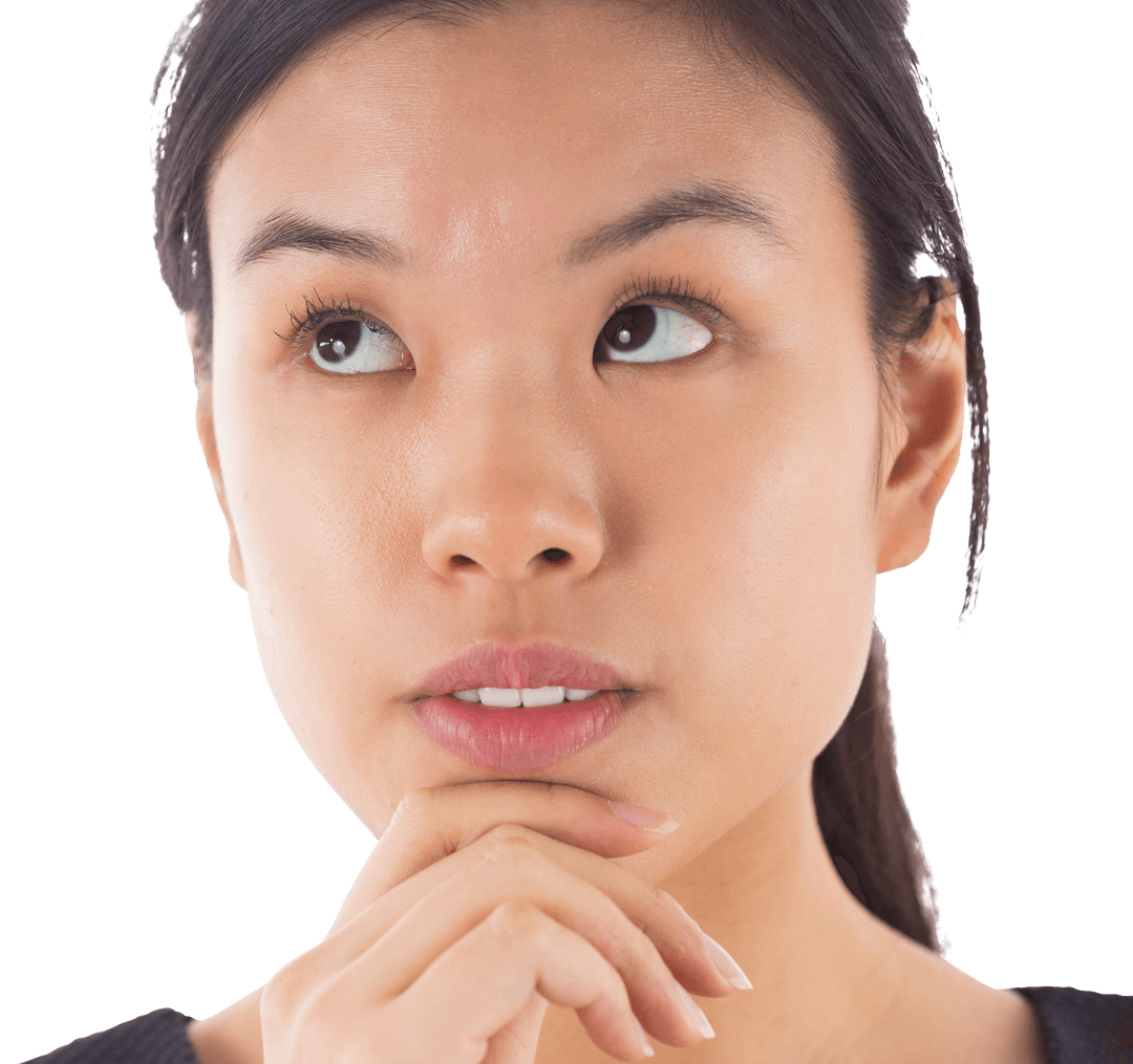 Asian Businesswoman Thinking With Focusing on Transparent Background