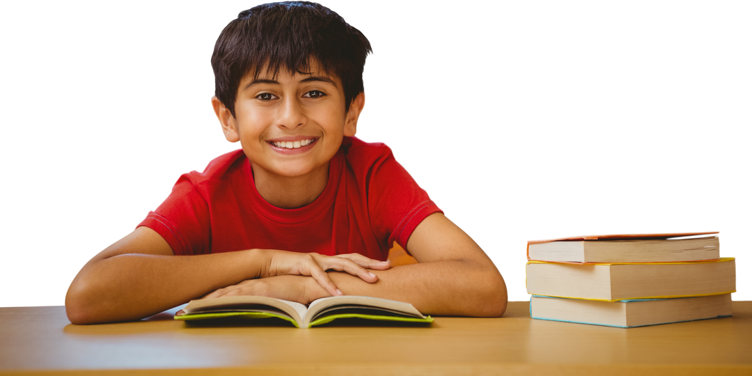 Smiling Boy Reading Open Book with Stack of Books Transparent Background - Download Free Stock Images Pikwizard.com