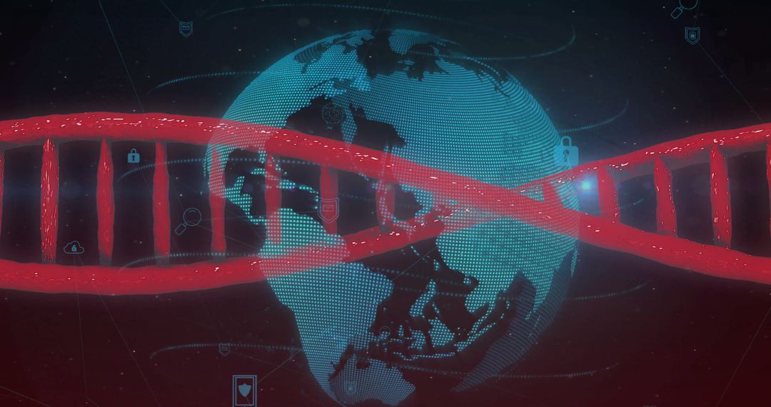 Digital DNA Strand Encircles World Globe with Data Elements