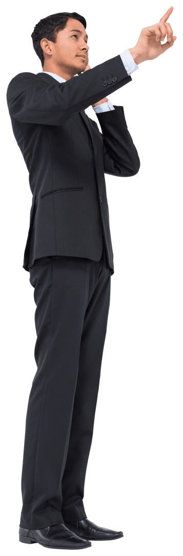 Biracial Businessman Engaging with Transparent Virtual Screen Interface