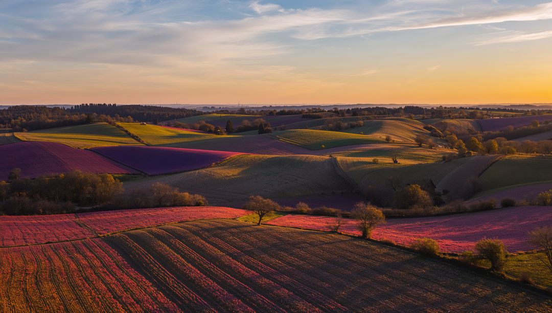 Sunset over Rolling Lavender and Pink Flower Fields on Undulating Farmland at Golden Hour