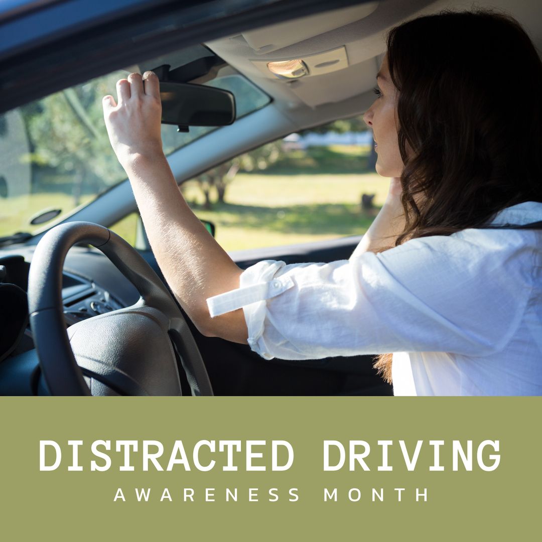 Distracted Driving Awareness Month Campaign with Woman Adjusting Rearview Mirror - Download Free Stock Templates Pikwizard.com