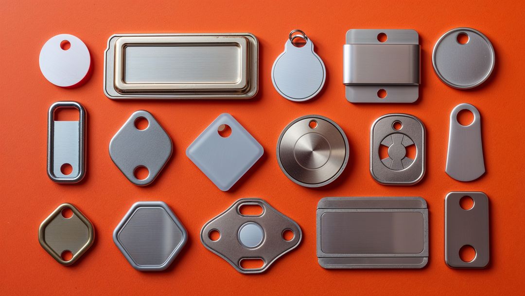 Diverse Metallic and Plastic Tags on Orange Surface