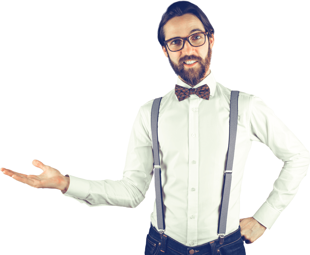 Transparent Friendly Man Gesturing with Suspender Style and Bow Tie