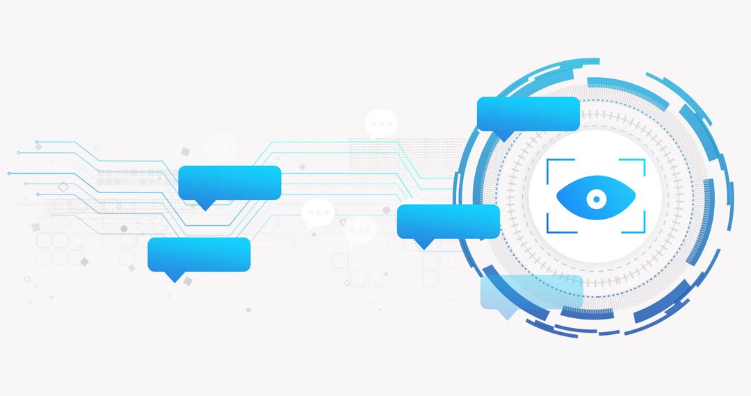 Futuristic biometric UI showing iris scan reticle with blue chat bubbles and circuit lines